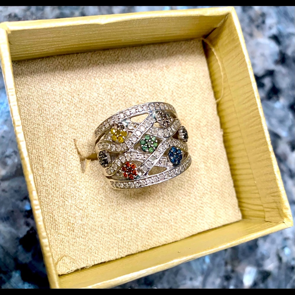 Multi colored diamond ring in rhodium plated silver